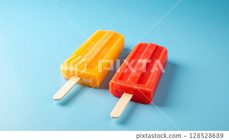 Colorful red, yellow, and orange ice cream on a stick, drawing with chalk and crayons Colorful red, yellow, and orange ice cream on a stick, drawing with chalk and crayons 128528689