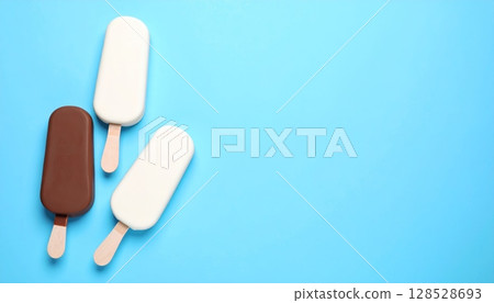 Isolated chocolate ice cream on a stick, a sweet vector icon illustration on a blue background Isolated chocolate ice cream on a stick, a sweet vector icon illustration on a blue background 128528693