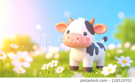 3d Funny cartoon farm animal cow on green grass meadow 128528702