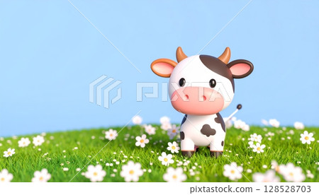 3d Funny cartoon farm animal cow on green grass meadow 128528703