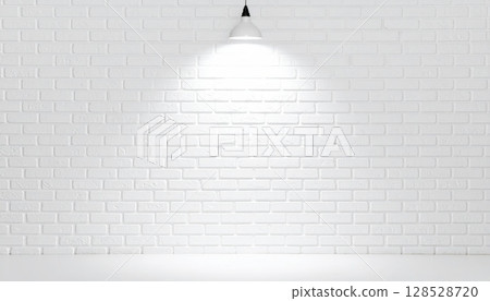 Empty white brick wall in a well-lit room, ideal for interior design or architectural illustration 128528720