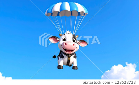 3d A paragliding cow soars high above a green meadow under a blue sky, an adventurous flight of freedom and fun 128528728