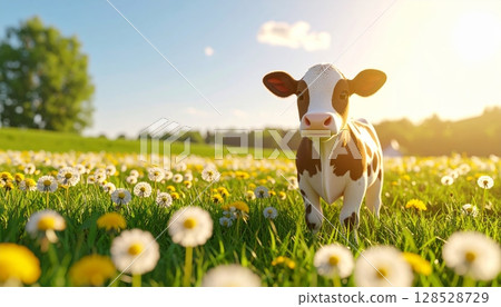 3d a cute cartoon calf in a green pasture 3d a cute cartoon calf in a green pasture 128528729