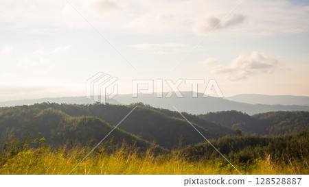 Mountain Summer Green Park Field Scenery Forest Spring Meadow with Blue Sky, Countryside in Thailand Hills Nature Landscape Upper for tourism Travel Vacation Holidays or Eco System Environment. 128528887
