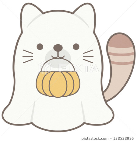 Cute cat wearing a ghost costume at a Halloween pumpkin party 128528956