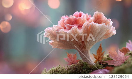 Blush pink mushroom on soft mossy surface 128529064