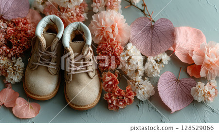 Cozy autumn boots and delicate floral accents 128529066