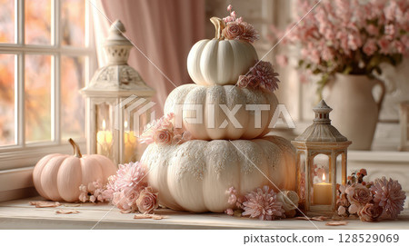 Cozy autumn pumpkin and floral decor 128529069