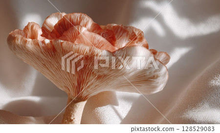Delicate pastel mushroom with soft shadows on a neutral backdrop 128529083