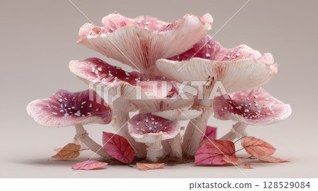 Delicate pink and white mushroom cluster with fallen leaves 128529084