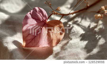 A delicate heart shaped autumn leaf rests on a soft linen like surface with gentle shadows playing across its surface A delicate heart shaped autumn leaf rests on a soft linen like surface with gentle shadows playing across its surface 128529098
