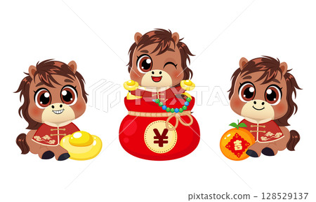 Cute CNY horse cartoon with gold ingot and orange 128529137