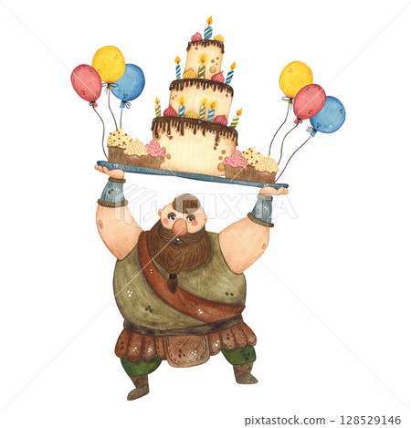 Watercolor illustration of a Viking with a cake and balloons 128529146
