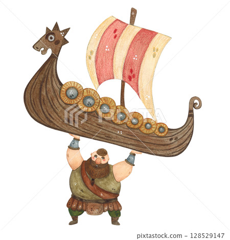 A strong Viking holds a ship in his arms on a white background 128529147