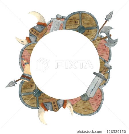 Round frame of shields, swords, spears, axes and Viking helmets 128529150