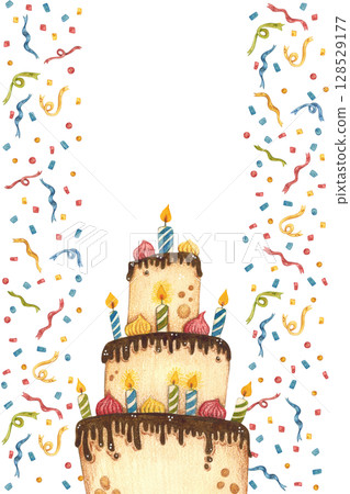 Vertical frame made of ribbons and confetti with a cake in the center 128529177