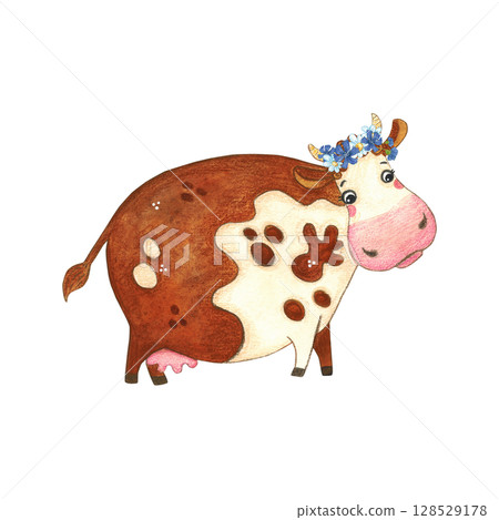 Red spotted cow standing in a wreath of wild flowers. Watercolor illustration, hand drawn, cartoon. Sticker design, print, children's book. cow, character, jumping, spots, red, joy, children, milk Red spotted cow standing in a wreath of wild flowers. Watercolor illustration, hand drawn, cartoon. Sticker design, print, children's book. cow, character, jumping, spots, red, joy, children, milk 128529178