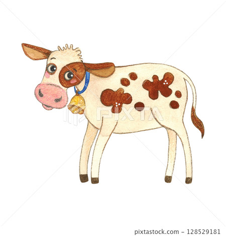 White calf with red spots with blue ribbon and golden bell. Watercolor illustration, hand drawn, cartoon. Sticker design, print, children's book. cow, character, jumping, spots, red, joy, children White calf with red spots with blue ribbon and golden bell. Watercolor illustration, hand drawn, cartoon. Sticker design, print, children's book. cow, character, jumping, spots, red, joy, children 128529181