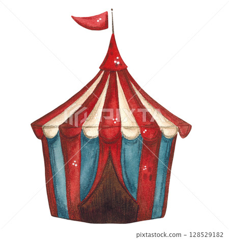 Circus tent in red and white stripes watercolor illustration 128529182