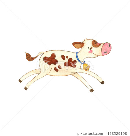 Joyfully jumping white calf with red spots with blue ribbon and golden bell. Watercolor illustration, hand drawn, cartoon. Sticker design, print, children's book. cow, character, jumping, spots, joy 128529198