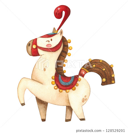 Circus horse, wearing a hat, cape and bells, watercolor illustration in children's style Circus horse, wearing a hat, cape and bells, watercolor illustration in children's style 128529201