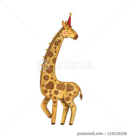 Giraffe in a hat and bells watercolor illustration 128529206