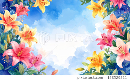 水彩百合花框架背景素材 128529211
