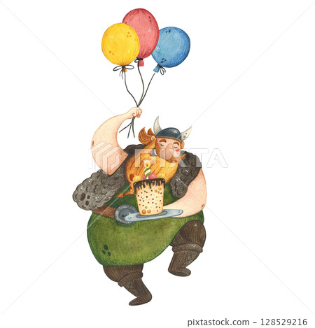 Watercolor illustration of a Viking with a cake and balloons Watercolor illustration of a Viking with a cake and balloons 128529216