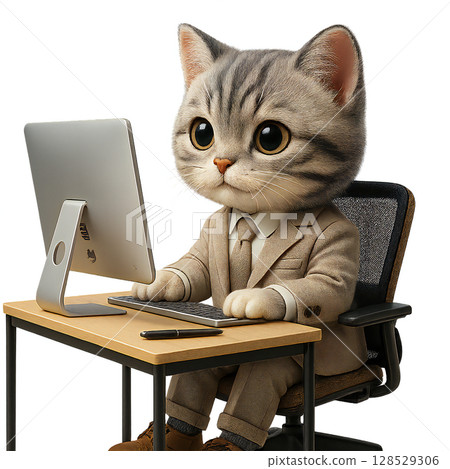 Businessman cat - working on computer Businessman cat - working on computer 128529306