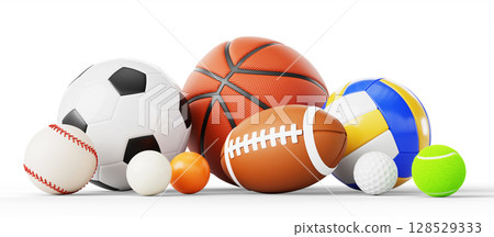 3d pile of sports balls isolated on white background. American football, golf, soccer, basketball, volleyball, handball, rugby, baseball softball, ping pong and tennis game equipment. 3D illustration 128529333