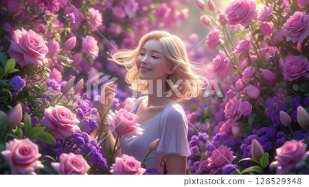 Smiling young woman surrounded by pink roses 128529348