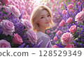 Profile of a beautiful woman standing in a flower field 128529349