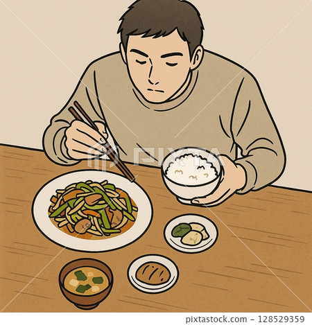 Illustration of a man eating home-cooked food Generative AI 128529359