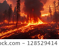 Burning forest after wildfire with smoke and flames in the background, environmental disaster and climate crisis concept 128529414