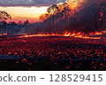 Fire burning dry grass and trees in open field at sunset, Queensland, Australia, dramatic wildfire and smoke rising into sky 128529415