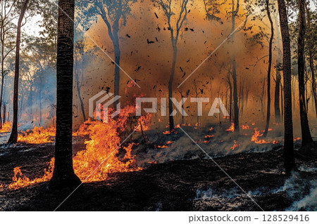 Forest fire with burning dry grass and trees in woodland area, thick smoke and bright flames during natural disaster 128529416