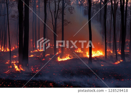 Fire in the forest with burning trees and shrubs, thick smoke and bright flames during natural disaster and wildfire 128529418