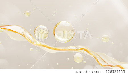 3d oil splash and drops texture. Cosmetic skin care background with gold liquid wave and bubbles. Fluid flow of yellow vitamin serum, collagen essence, glycolic acid or retinol gel. 3D illustration 3d oil splash and drops texture. Cosmetic skin care background with gold liquid wave and bubbles. Fluid flow of yellow vitamin serum, collagen essence, glycolic acid or retinol gel. 3D illustration 128529535