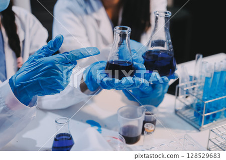 Modern Empty Science Laboratory With Microscopes, Test Tubes And Other Laboratory Equipments Modern Empty Science Laboratory With Microscopes, Test Tubes And Other Laboratory Equipments 128529683