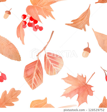 Seamless autumn pattern with leaves and berries of muted colors. The background is hand painted in watercolor the harvest season. for textiles, napkins, wrapping paper, postcards, decor, stationery Seamless autumn pattern with leaves and berries of muted colors. The background is hand painted in watercolor the harvest season. for textiles, napkins, wrapping paper, postcards, decor, stationery 128529752