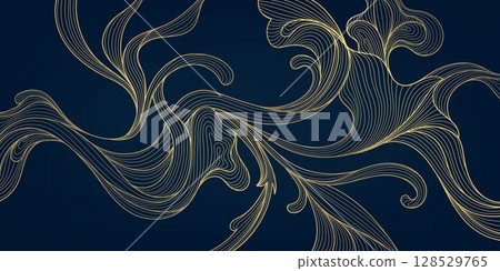 Vector golden line waves, luxury art leaves, organic shapes design. Curve geometric background, dark premium abstract ornament, vintage dynamic texture. 128529765