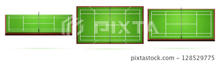 Tennis court in different angles. Realistic 3d render set of green field with net, grass texture and white mark lines. Isolated sports ground with natural or synthetic lawn surface. 3D illustration 128529775