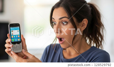 一個女人看著智能手機 128529792