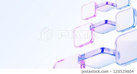 3d glass holographic transparent square plate shapes on abstract light blue background. Crystal geometric cube block pattern with pink purple gradient. Futuristic digital tech banner. 3D illustration 128529804