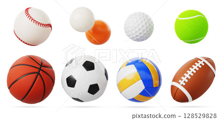 3d set of realistic sports balls icon render. American football, golf, soccer, basketball, volleyball, handball, tennis, ping pong, baseball softball and rugby game equipment isolated. 3D illustration 128529828