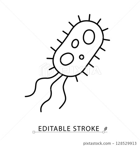 A bacteria icon in minimalist style with editable stroke. Microorganism structure, pathogen illustration, cell organism, infectious germ, viral biology, microscopic life, outline vector illustration. 128529913
