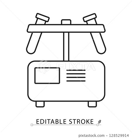 A centrifuge icon in minimalist style with editable stroke. Laboratory equipment, blood separation tool, fluid testing device, biological analysis element, outline vector illustration. 128529914