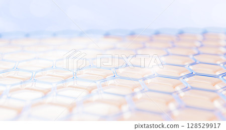 3d epidermis skin surface with blue water hexagon pattern. Dermatological cosmetic science and tech background with honeycomb cell texture, liquid gel serum, retinol or hyaluron acid. 3D illustration 128529917