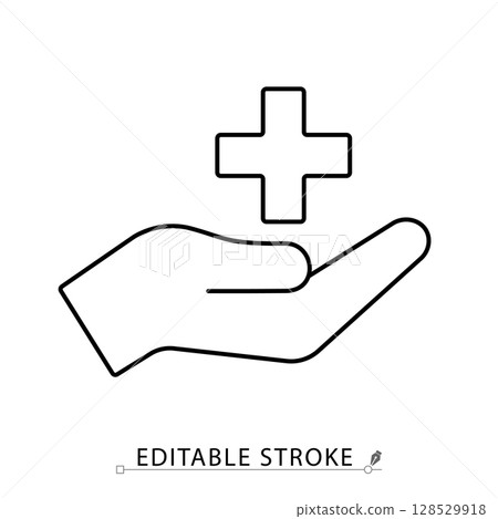 A medical aid icon in minimalist style with editable stroke. Helping hand, health support, emergency care, cross symbol, treatment access, first response, healthcare service A medical aid icon in minimalist style with editable stroke. Helping hand, health support, emergency care, cross symbol, treatment access, first response, healthcare service 128529918
