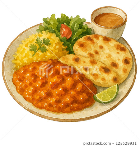 奶油雞肉咖哩和烤餅放在盤子裡 128529931